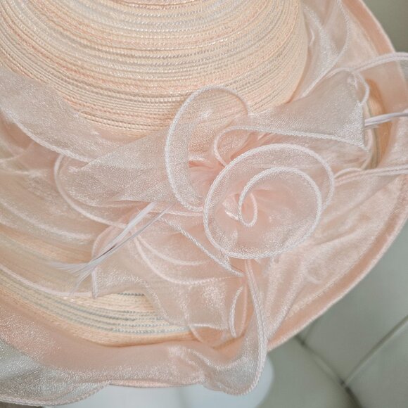 Blush Pink Organza Kentucky Derby Hat Wide Brim Church Wedding Fascinator - Picture 5 of 6